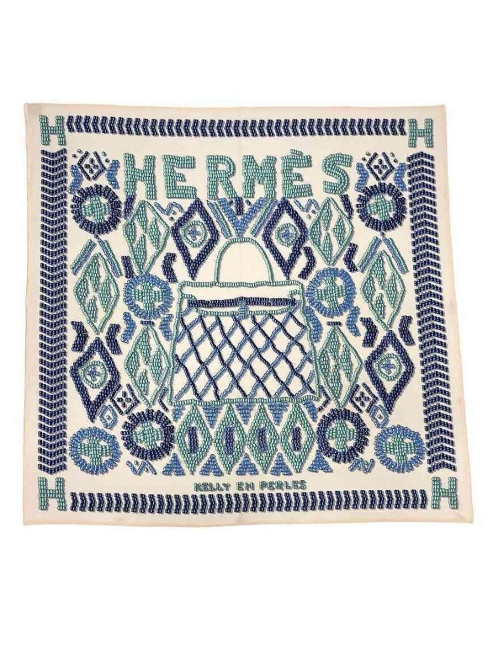 Hermes Carre 90 Scarf Kelly en Perles White Blue Silk
